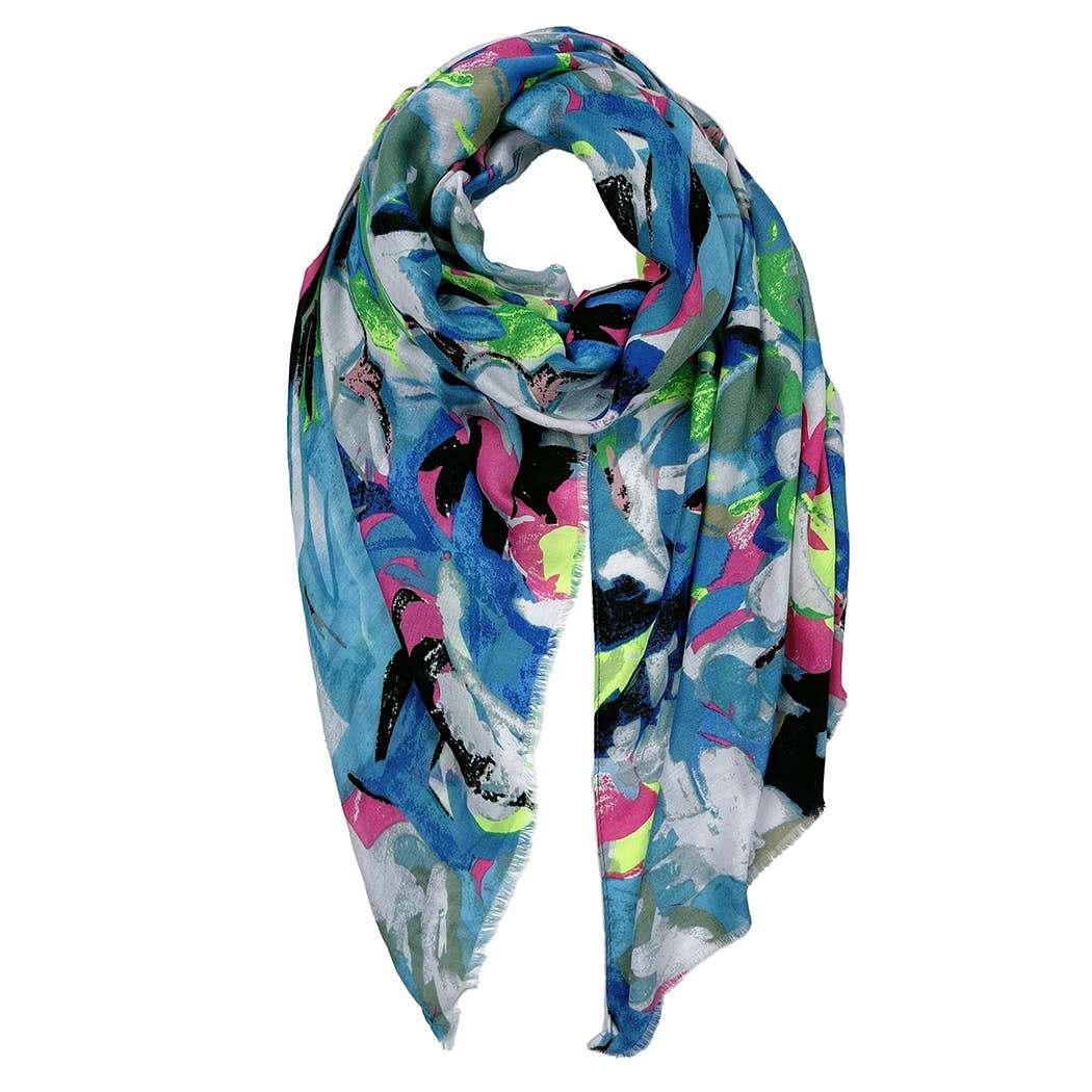 Abstract Floral Print Scarf: Blue