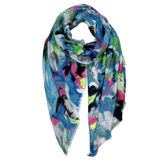 Abstract Floral Print Scarf: Blue